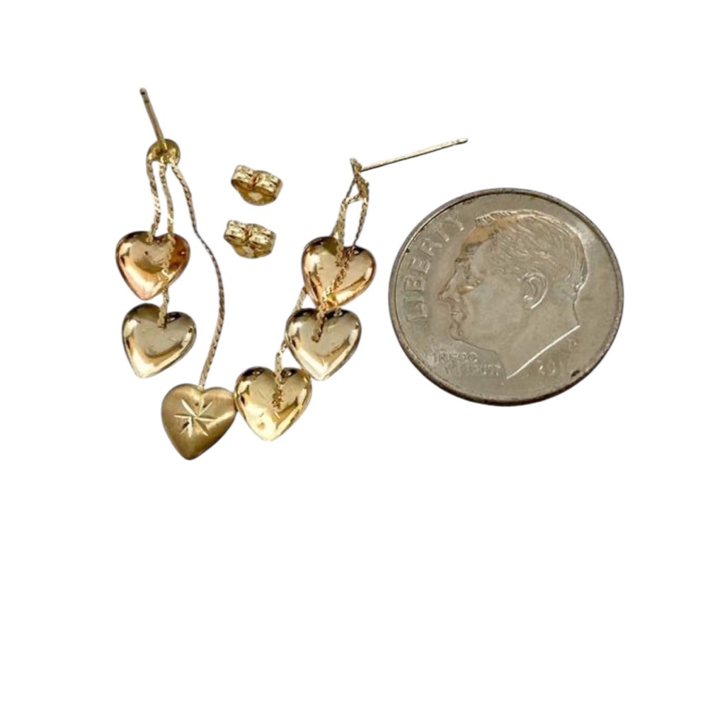 (GENTLY USED) Jacmel NYC Dainty 1” 14K Gold Tricolor 3 Heart Dangle Earrings - Picture 3 of 4